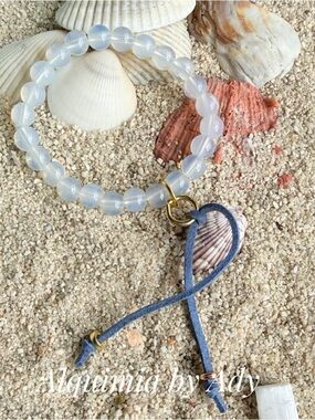 MOONSTONE Translucent White Bead Bracelet with Shell Charm and Blue Suede Tie